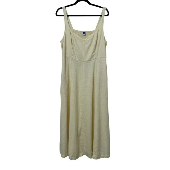 Old Navy Butter Yellow Linen Blend Smocked Back Midi Dress with Pockets Large - Picture 1 of 12